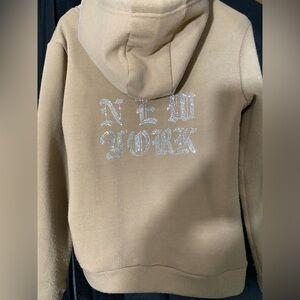 Tan Zip-Up Jacket “New York” Old English Text-Embroidered